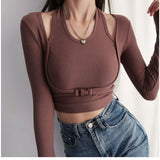 Slim Fit Long Sleeve T-shirts Women Solid Stylish S-3XL Simple Chic Halter Fake-two Pieces Crop Tops Female All-match Fashion