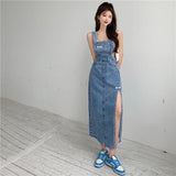 Summer Label Suspender Long Skirt Retro Ripped Denim Skirt Spaghetti Strap Sexy Split Blue Skirt Women Sundress Streetwear KS688