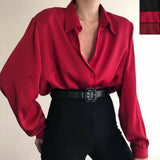 HiqdressWomen Button Blouses Turn Down Collar Shirts Office Lady Long Sleeve Casual Blouse Loose OL Shirt Baggy Tops Red/Wine Red /Black