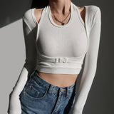 Slim Fit Long Sleeve T-shirts Women Solid Stylish S-3XL Simple Chic Halter Fake-two Pieces Crop Tops Female All-match Fashion