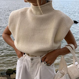 Fall Winter Chic Knitted Sweaters Turtleneck Sleeveles Women's Pullover Tops Loose Females Sweaters Casual Fashion Clothes