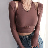 Slim Fit Long Sleeve T-shirts Women Solid Stylish S-3XL Simple Chic Halter Fake-two Pieces Crop Tops Female All-match Fashion