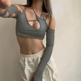 T Shirt Women Y2k Punk Women's Halter Tops Gothic Grey Girl Patchwork Long Sleeve Crop Tops Summer Sexy Cut Out Solid T-shirts