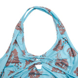 Y2K Floral Printed Blue Halter Top Summer Bohemian Beach Style Backless Tank Top Tie Knot Front Cut Out Mini Vest Women Cami