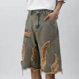 concert outfit Y2g American Retro Ripped Denim Shorts Men's and Women's Summer Loose All-Match Casual Cropped Pants