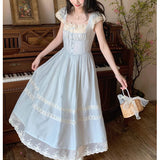 pop culture dress to impress Summer New French Retro Fairy Small Flying Sleeve Lace Bow Blue One-Piece Dress for Women