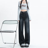 concert outfit Blue and Gray Wide-Leg Jeans for Women Spring and Autumn 2024 New High Waist Straight Loose Mop Pants American Retro