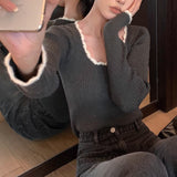 college outfits Large round Neck Retro Elegant Contrast Color Slim Bottoming Top Winter Design Inner Knitted Pullover Sweater Casual Style