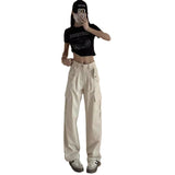 college fall outfits 2024 Design Pocket Straight Overalls Women's Spring and Summer Niche Drawstring Wide-Leg Pants Ankle-Tied Pants Casual Pants