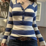 grunge outfits Commuter Contrast Color Striped Top Autumn Casual All-Match Loose Slimming Sweater