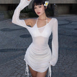 women's clothing spring and summer new style fashion sexy hollow perspective oblique collar seaside beach hip dress