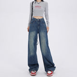 concert outfit Blue and Gray Wide-Leg Jeans for Women Spring and Autumn 2024 New High Waist Straight Loose Mop Pants American Retro