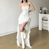 summer new women's clothing solid color slim high waist fashionable one-line collar suspender dress