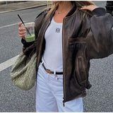 outfit inspo New Loose Retro American Coat Brown Lapel Short Motorcycle Jacket Casual Street Leather Coat