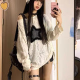 grunge dti Japanese Style Drawstring Gray Functional Style Hot Girl T-shirt Autumn Women's Top Star Ripped Loose Long Sleeve Bottoming Shirt Trendy