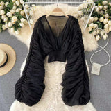 casual summer outfits 2024 New Korean Style Pleated Short Puff Sleeve Chiffon Shirt Autumn Versatile Outer Wear V-neck Temperament Short Top