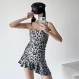 outfit inspo Summer New Leopard Print Hot Girl Sexy Sequined Hip Irregular Hem Sling Dress