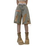 concert outfit Y2g American Retro Ripped Denim Shorts Men's and Women's Summer Loose All-Match Casual Cropped Pants