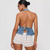 cowgirl outfits  New Fashion Sexy Washed Denim Backless Halter Lace-up Sexy Hot Girl Denim Top