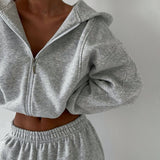 airport outfit Melange Gray Sweater Short Zipper Two-Piece Set Autumn New Casual Sports Style Fashion Suit