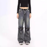 grunge dti Spring Blue Ripped Skinny Jeans Men's and Women's American-Style Retro Belt Stitching Straight Wide-Leg Trousers