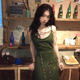 outfit inspo Spring and Autumn Retro Green Knitted Sling Dress Women's Hot Girl Style Tight Waist Outer Wear Ripped Sheath Long Skirt