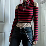 2000s fashion Contrast Color Striped off-the-Shoulder Slim-Fit Short Knitted Long-Sleeved T-shirt Top Spring New