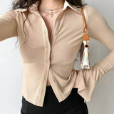 outfit inspo Five-Color All-Match Polo Lapel Bell Sleeve Shirt Women's American-Style Slim-Fit Stretch Long-Sleeved Shirt