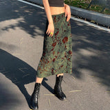 90s fashion Chinese Style Artistic Retro Printed Straight Midi Skirt High Waist Lake Green Girl White All-Match Elegant Skirt