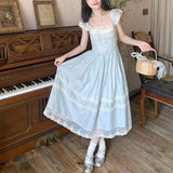 pop culture dress to impress Summer New French Retro Fairy Small Flying Sleeve Lace Bow Blue One-Piece Dress for Women