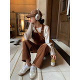 casual fall outfits Corduroy Suspender Pants Women's Autumn and Winter Age-Reducing Korean Style Retro Loose Slimming Straight Wide-Leg Pants Jumpsuit Thin