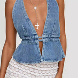 cowgirl outfits  New Fashion Sexy Washed Denim Backless Halter Lace-up Sexy Hot Girl Denim Top