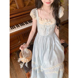 pop culture dress to impress Summer New French Retro Fairy Small Flying Sleeve Lace Bow Blue One-Piece Dress for Women