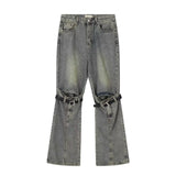 grunge dti Spring Blue Ripped Skinny Jeans Men's and Women's American-Style Retro Belt Stitching Straight Wide-Leg Trousers