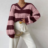 casual fall outfits Autumn and Winter Lazy Style New Knitwear Loose Fashion Women's V-neck Retro Contrast Color Striped Sweater