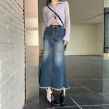 grunge outfits Women's Black and Gray Denim Skirt with Frayed Edges New Spring Slimming Versatile Mid-Length Fishtail Skirt