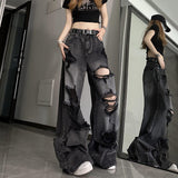 grunge dti American High Street Ripped Jeans Men's and Women's Summer Loose Slimming Versatile Wide-Leg Trousers Washed Distressed Pants