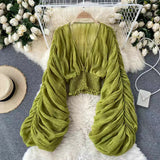 casual summer outfits 2024 New Korean Style Pleated Short Puff Sleeve Chiffon Shirt Autumn Versatile Outer Wear V-neck Temperament Short Top