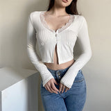 august outfits Spring and Summer V-neck Long-Sleeved T-shirt Women's Slim-Fit Slimming Lace Edge Sexy Bottoming Top Short Navel Top