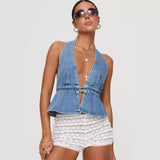 cowgirl outfits  New Fashion Sexy Washed Denim Backless Halter Lace-up Sexy Hot Girl Denim Top