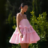 august outfits Sling Dress 2024 Summer Multi-Layer Ruffled Cake Skirt Short Backless Sling Dress