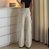 college fall outfits 2024 Design Pocket Straight Overalls Women's Spring and Summer Niche Drawstring Wide-Leg Pants Ankle-Tied Pants Casual Pants