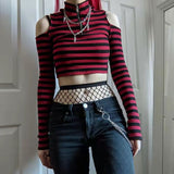 2000s fashion Contrast Color Striped off-the-Shoulder Slim-Fit Short Knitted Long-Sleeved T-shirt Top Spring New