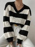 casual fall outfits Autumn and Winter Lazy Style New Knitwear Loose Fashion Women's V-neck Retro Contrast Color Striped Sweater