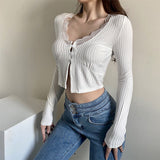 august outfits Spring and Summer V-neck Long-Sleeved T-shirt Women's Slim-Fit Slimming Lace Edge Sexy Bottoming Top Short Navel Top