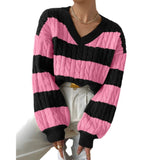 casual fall outfits Autumn and Winter Lazy Style New Knitwear Loose Fashion Women's V-neck Retro Contrast Color Striped Sweater