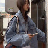 college outfits Blue Retro Denim Coat for Women Spring New Korean Style Loose All-Matching Ins Fashionable Outerwear Jacket Top