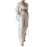 2000s fashion  Cross-Level Fashion Two-Piece Suit Apricot Multi-Pocket Suit Suit Trousers Loose Ribbon Pants