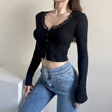 august outfits Spring and Summer V-neck Long-Sleeved T-shirt Women's Slim-Fit Slimming Lace Edge Sexy Bottoming Top Short Navel Top