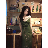 outfit inspo Spring and Autumn Retro Green Knitted Sling Dress Women's Hot Girl Style Tight Waist Outer Wear Ripped Sheath Long Skirt